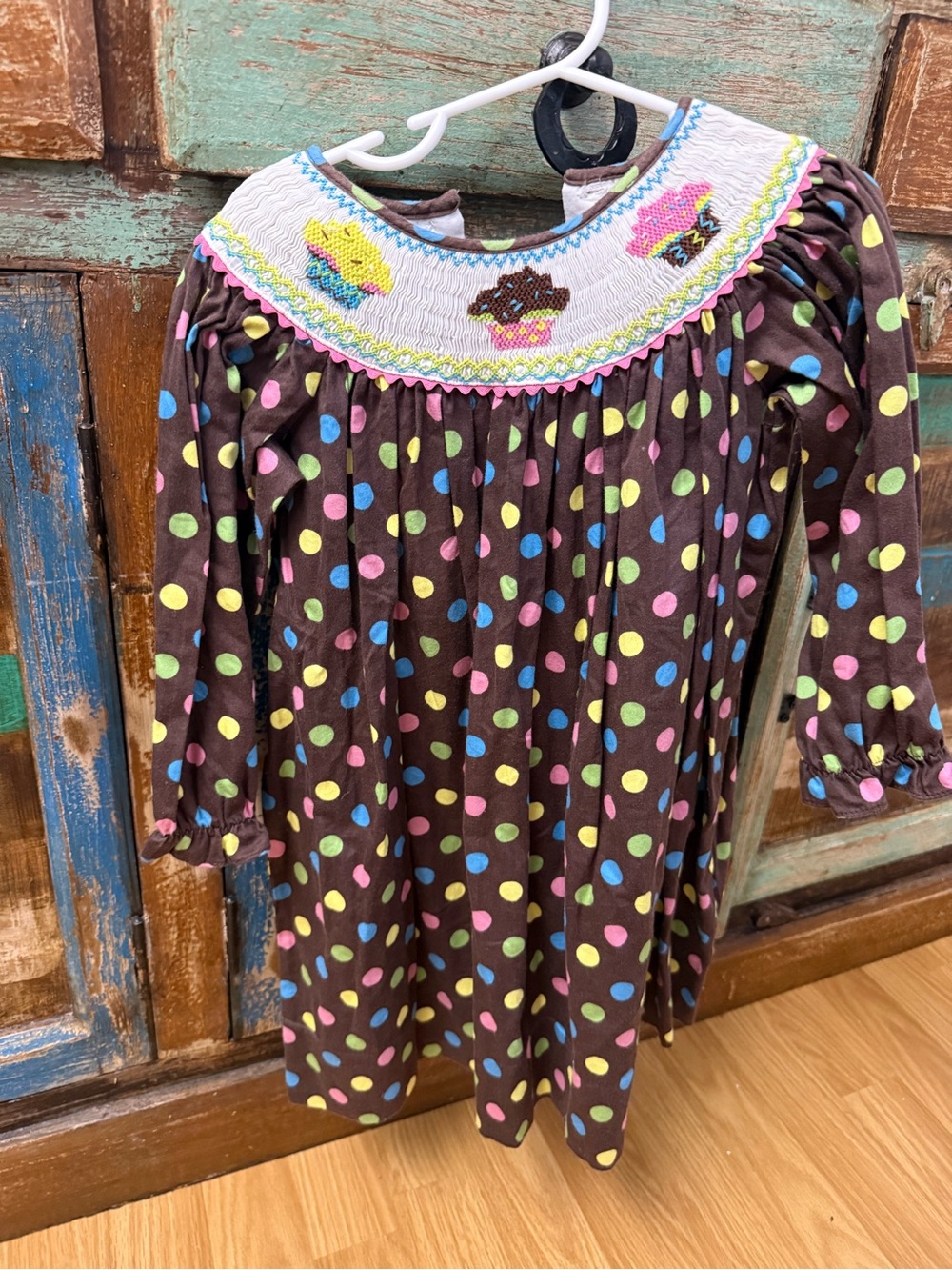 marmellata Brown Polka Dot Smocked Girls Dress with Pastel Dots